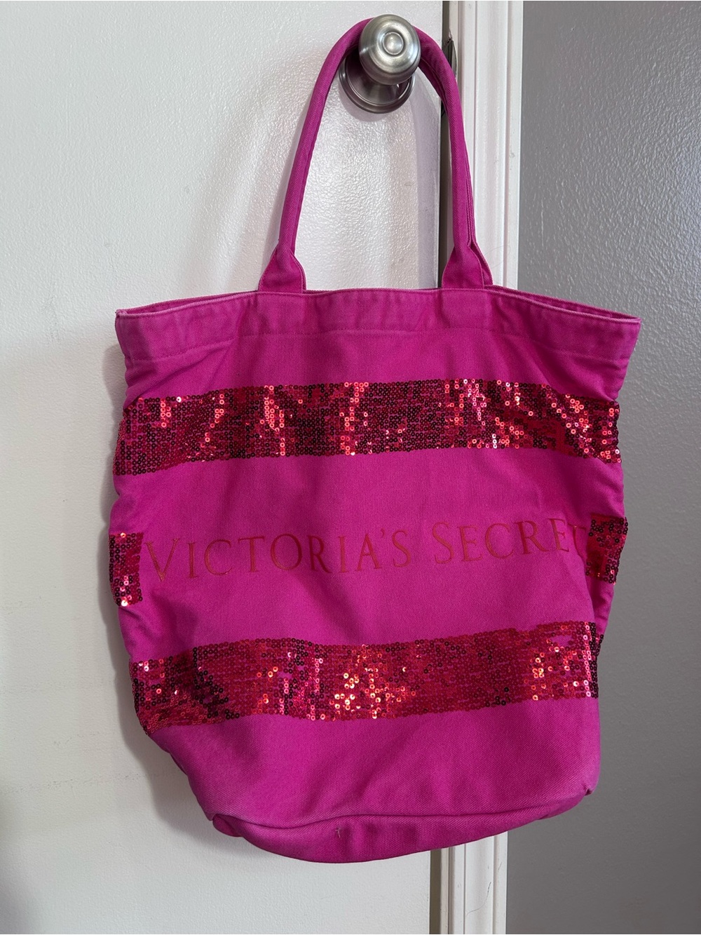 Victoria’s Secret Pink Bling Sequin Stripe Canvas Tote Hot Pink Y2K Beach Bag